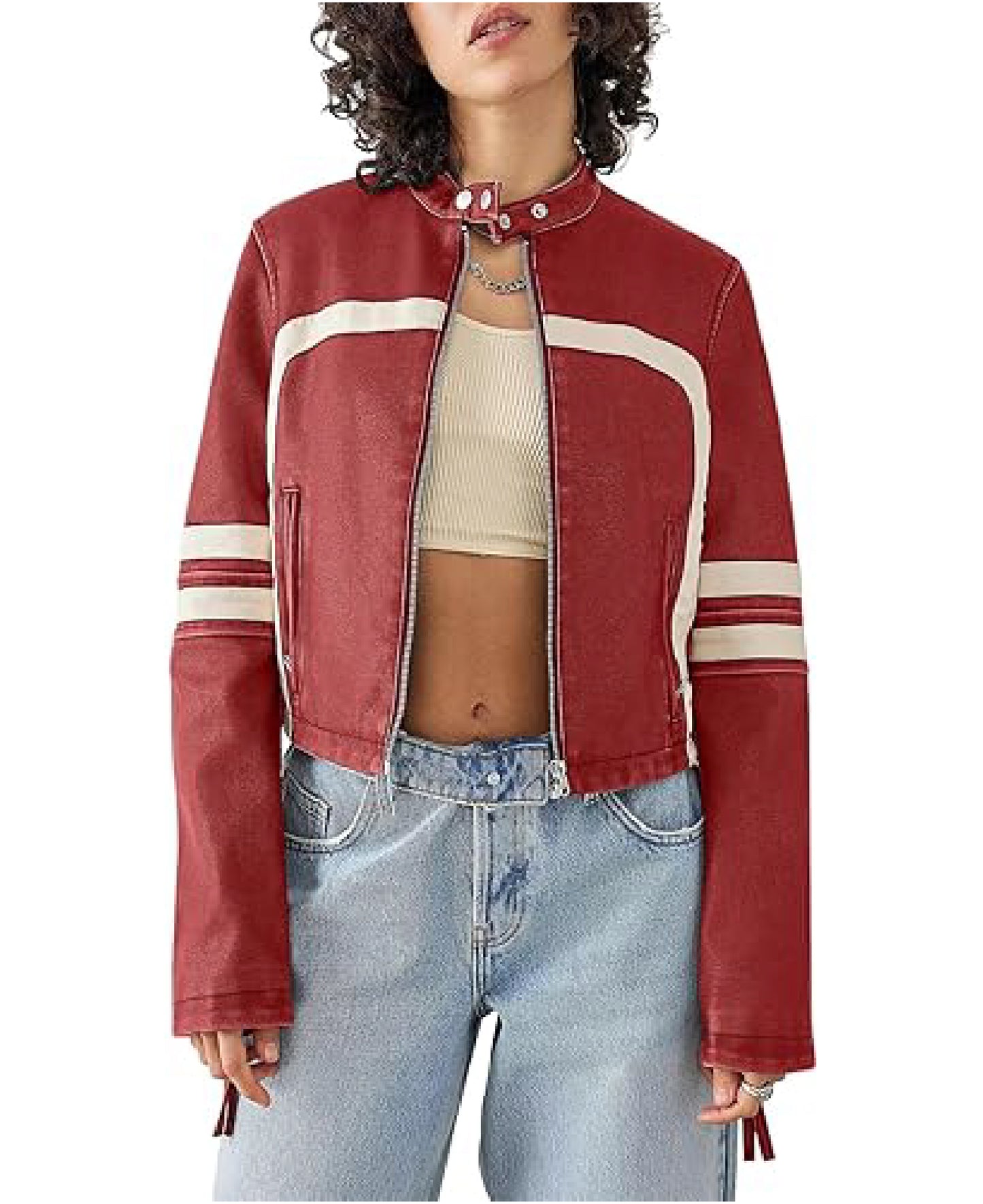 Women’s Faux Leather Cropped Motocross Jacket with Stand Collar | Zip Up Style
