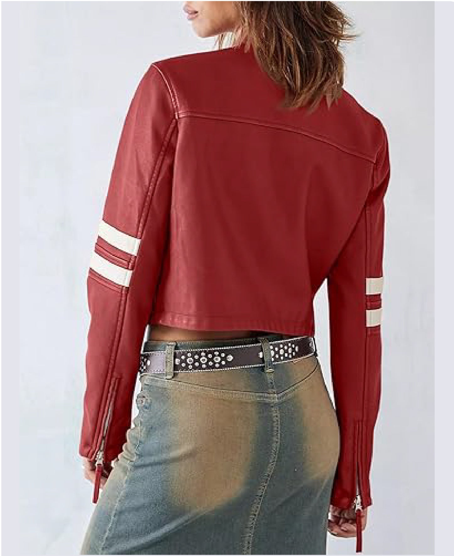 Women’s Faux Leather Cropped Motocross Jacket with Stand Collar | Zip Up Style