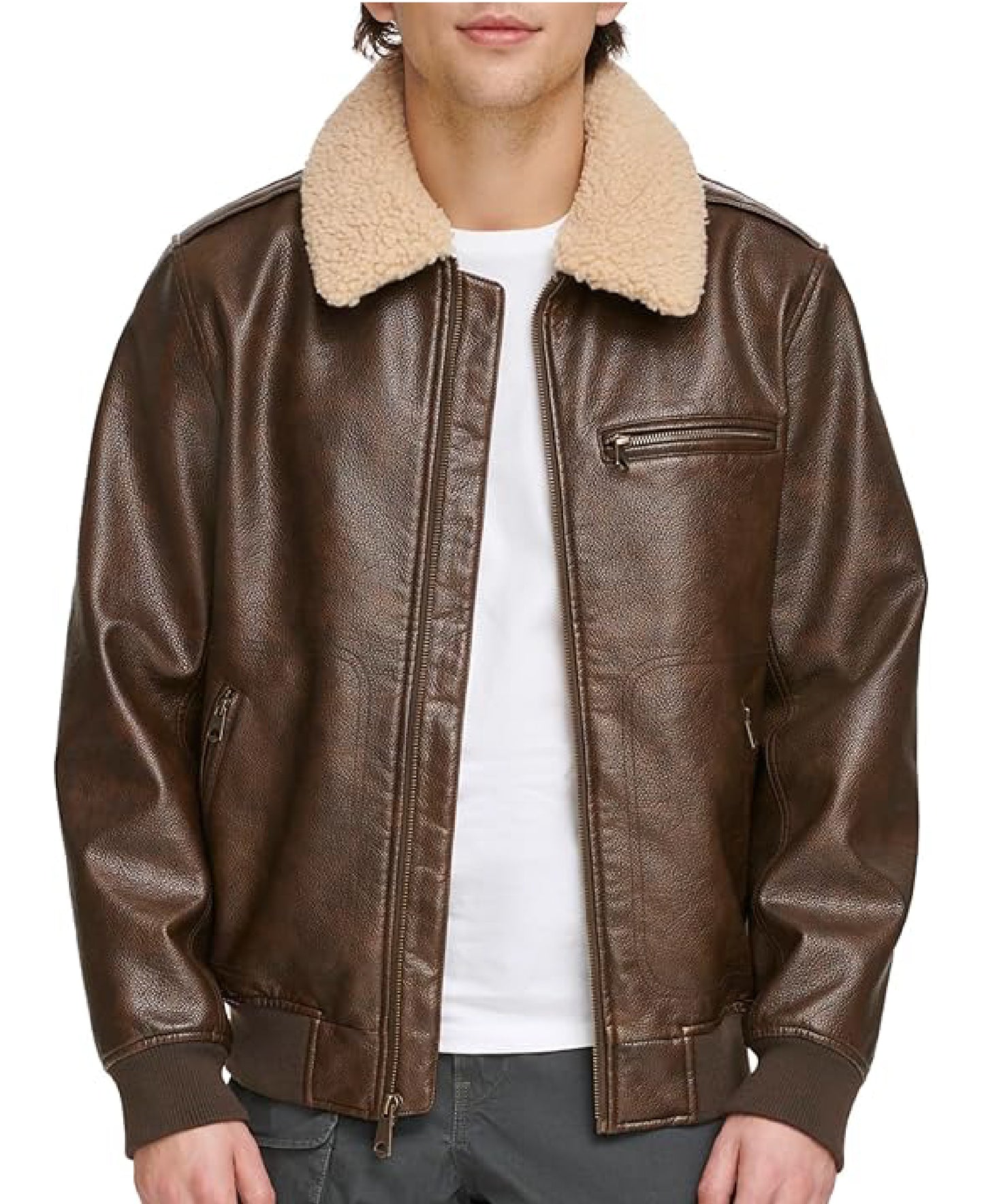 Men’s Faux Leather Aviator Bomber Jacket with Sherpa Collar