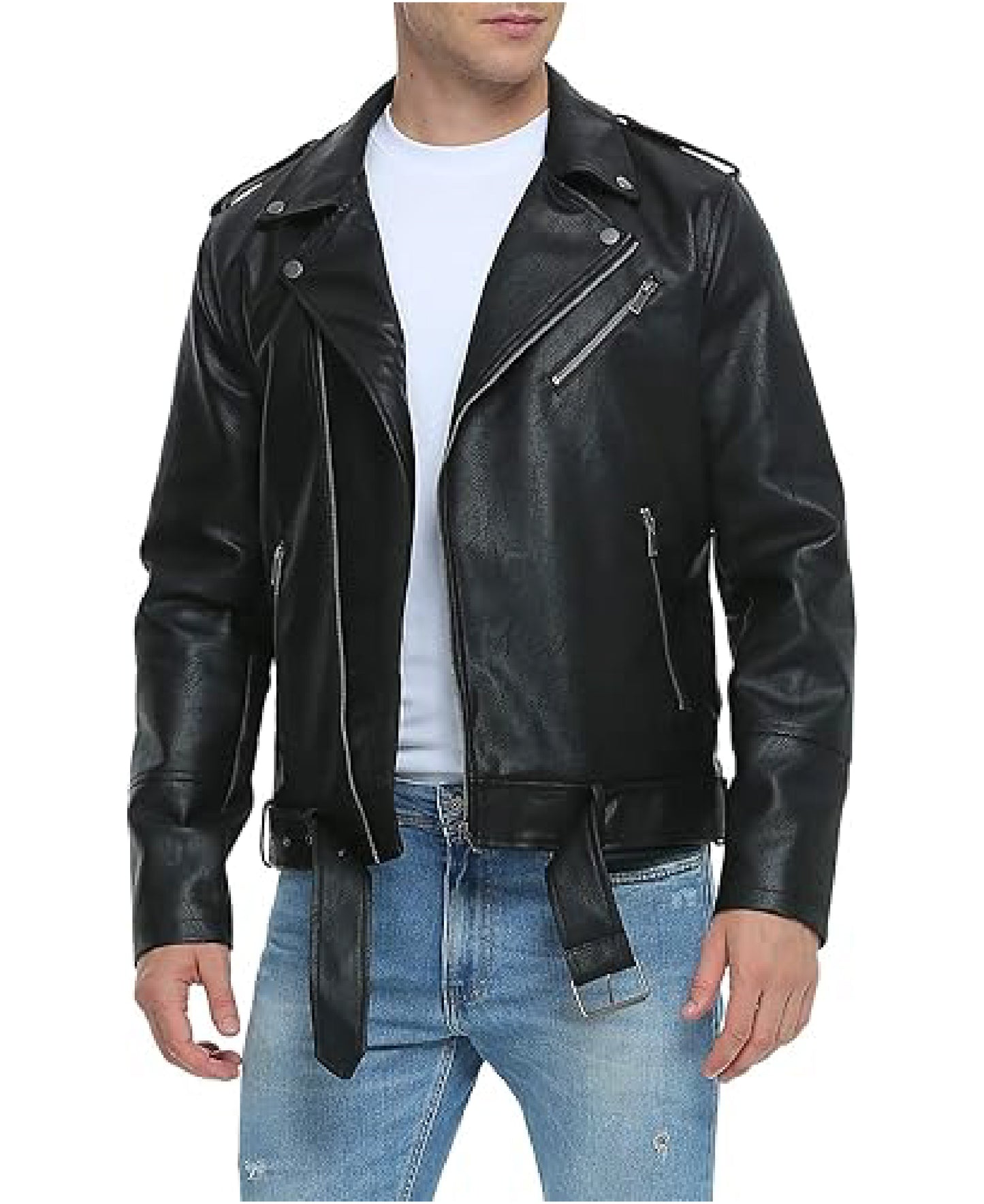 Men’s Asymmetric Zip Front Biker Jacket with Belt | Rugged Style