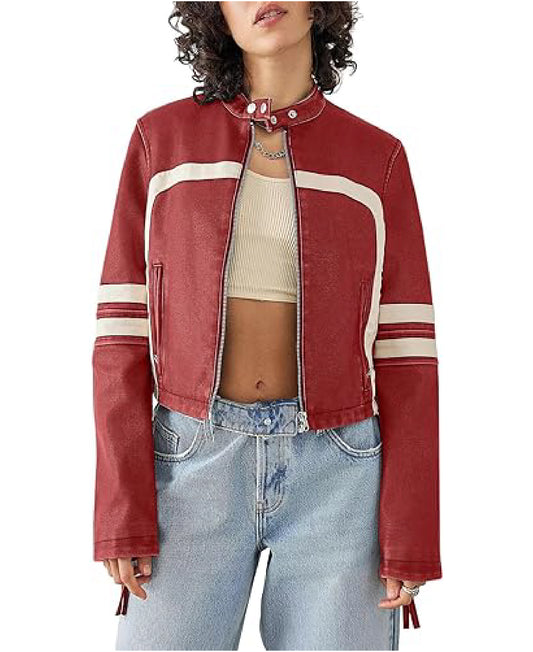 Women’s Faux Leather Cropped Motocross Jacket with Stand Collar | Zip Up Style