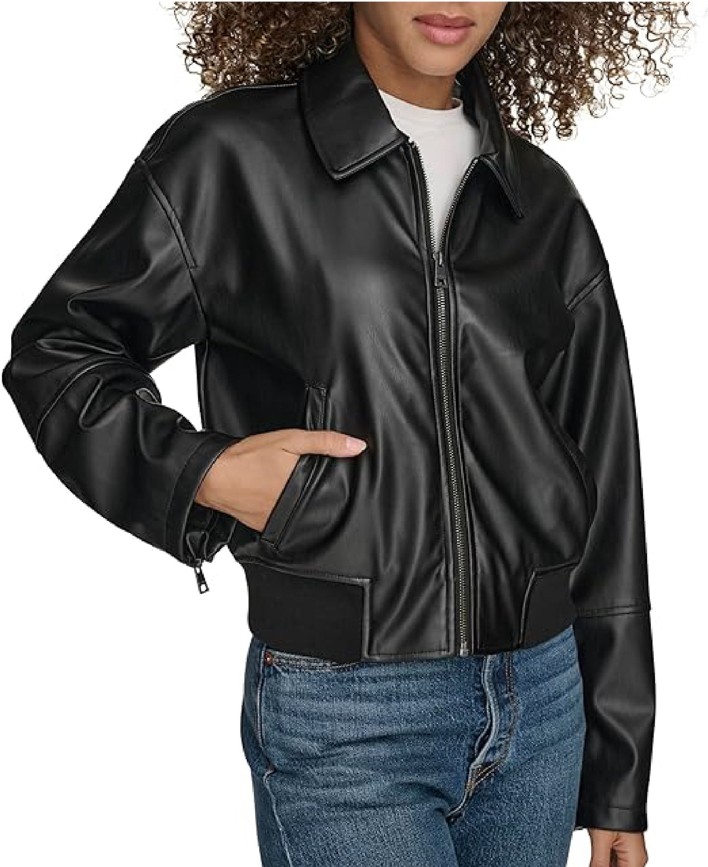 Women’s Faux Leather Bomber Jacket with Laydown Collar | Timeless Style