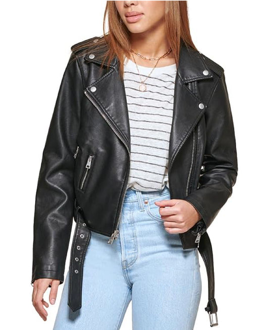 Women’s Belted Faux Leather Moto Jacket | Classic Moto Style