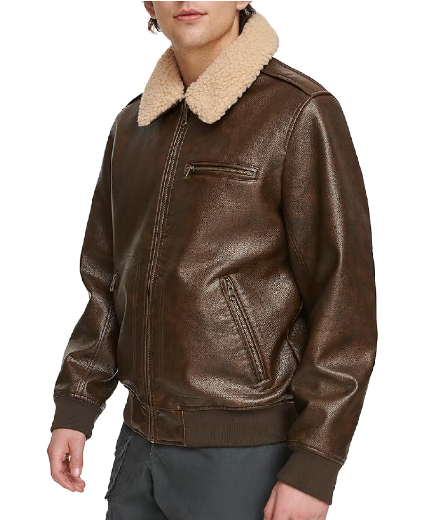 Men’s Faux Leather Aviator Bomber Jacket with Sherpa Collar