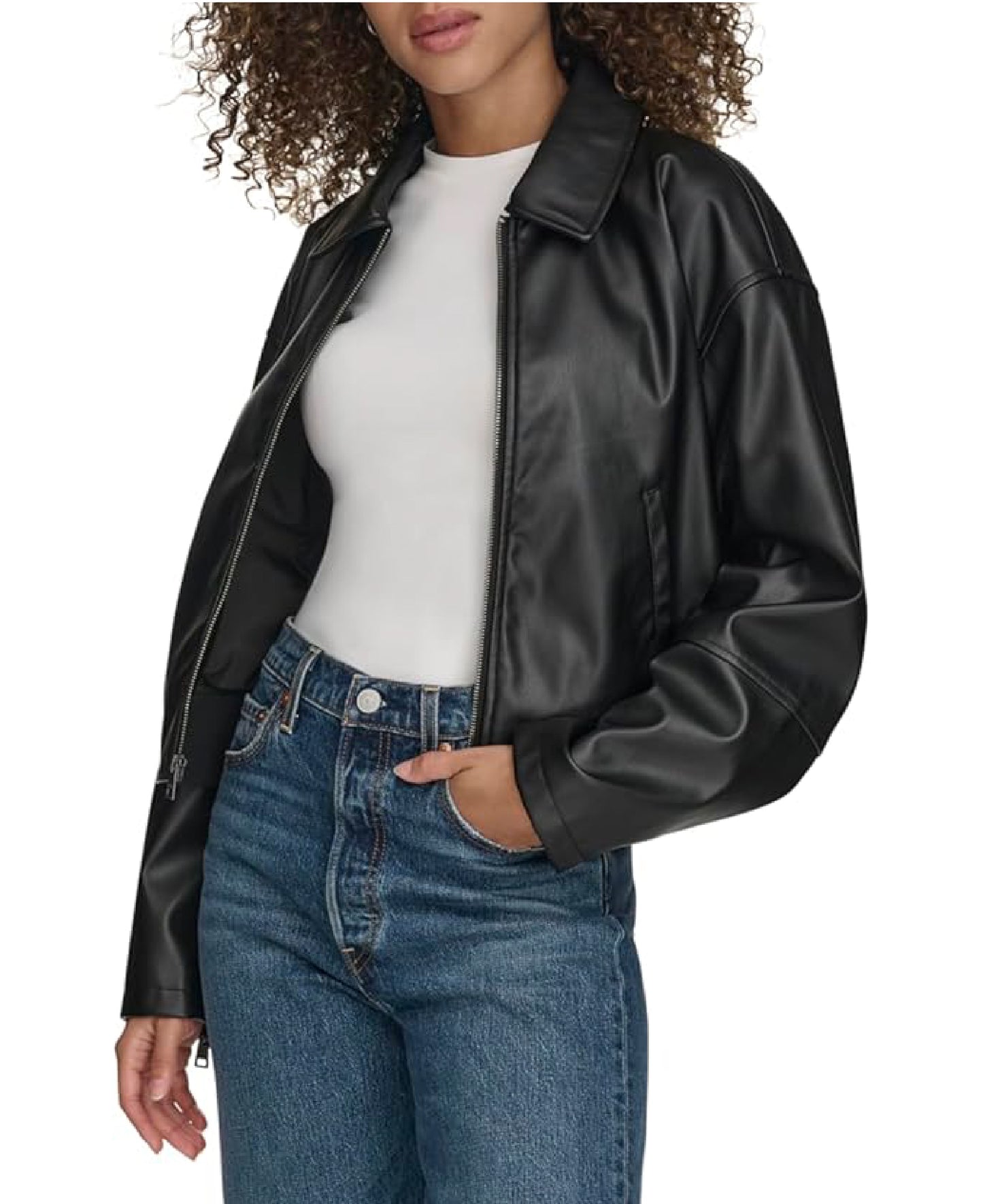 Women’s Faux Leather Bomber Jacket with Laydown Collar | Timeless Style