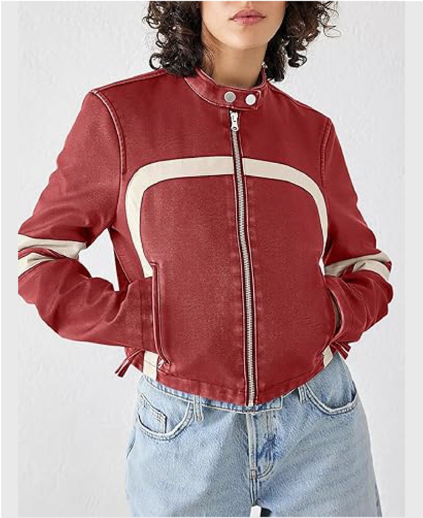 Women’s Faux Leather Cropped Motocross Jacket with Stand Collar | Zip Up Style