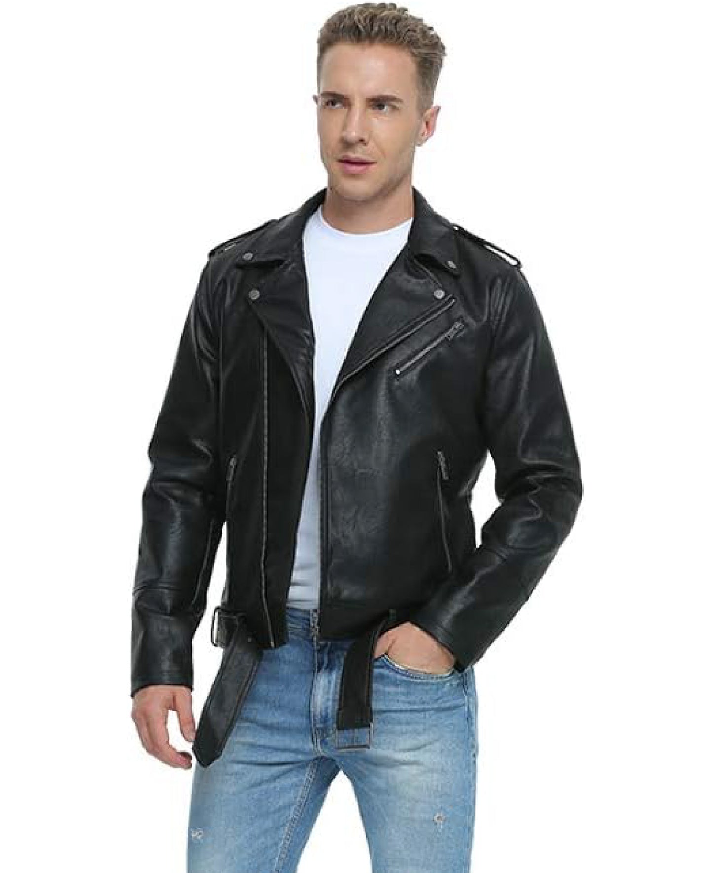 Men’s Asymmetric Zip Front Biker Jacket with Belt | Rugged Style