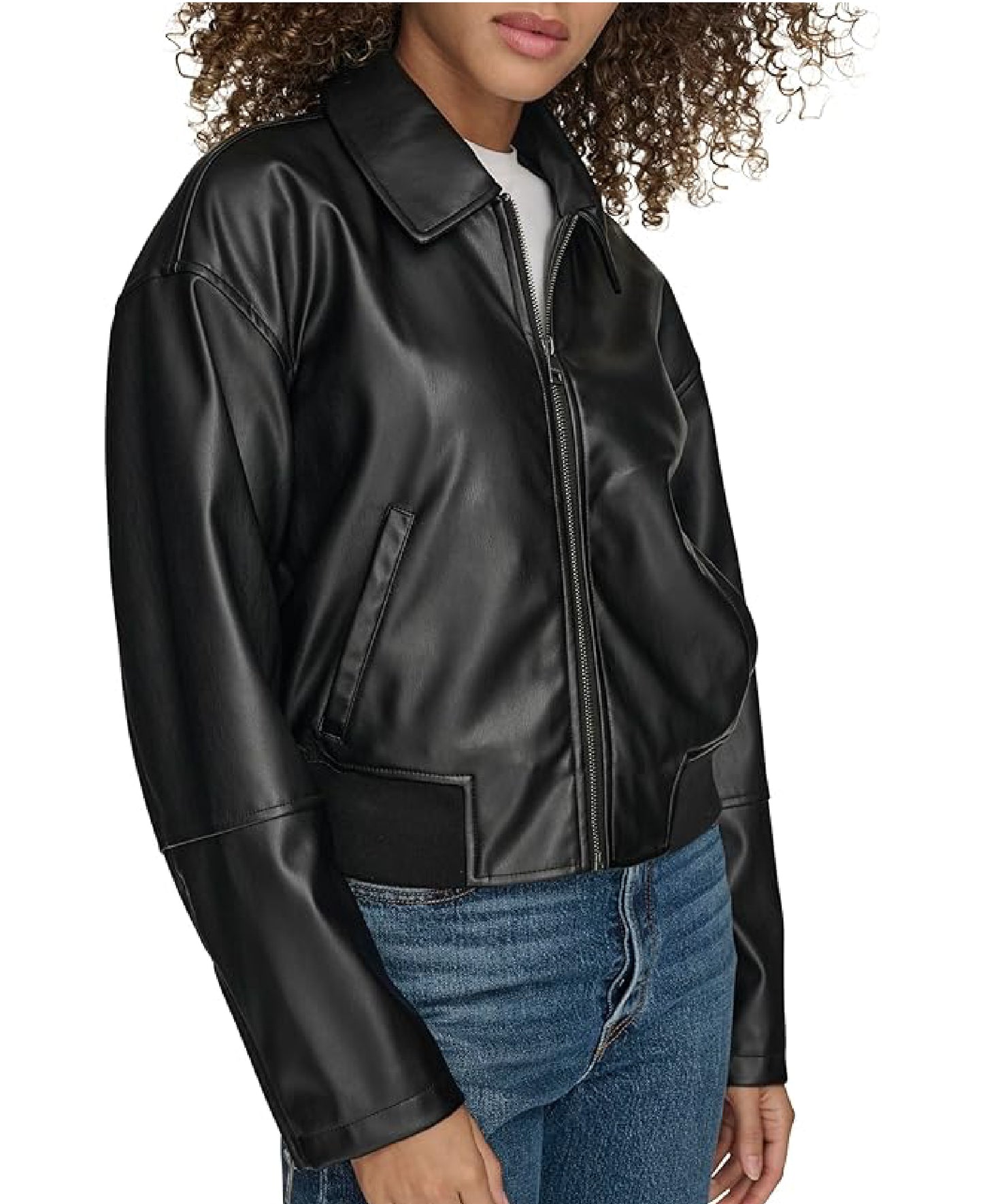 Women’s Faux Leather Bomber Jacket with Laydown Collar | Timeless Style