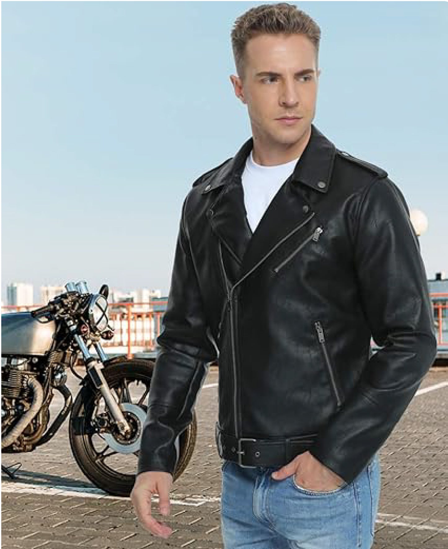 Men’s Asymmetric Zip Front Biker Jacket with Belt | Rugged Style