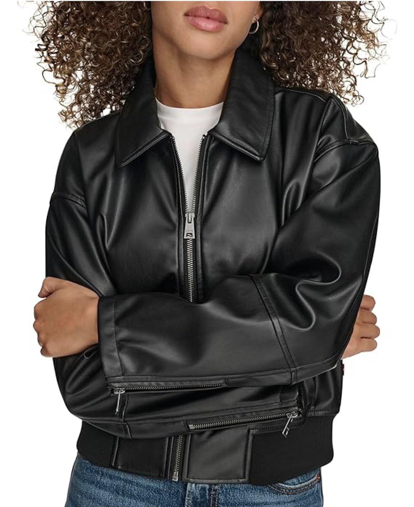 Women’s Faux Leather Bomber Jacket with Laydown Collar | Timeless Style