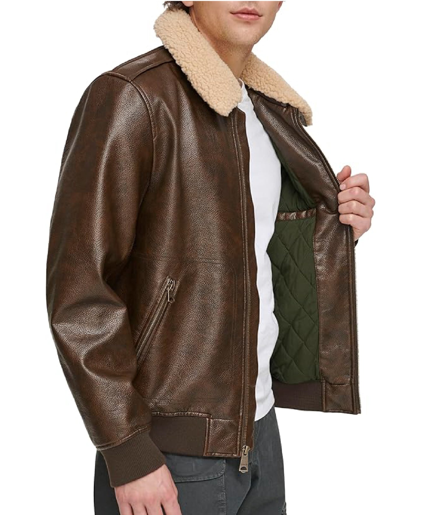 Men’s Faux Leather Aviator Bomber Jacket with Sherpa Collar