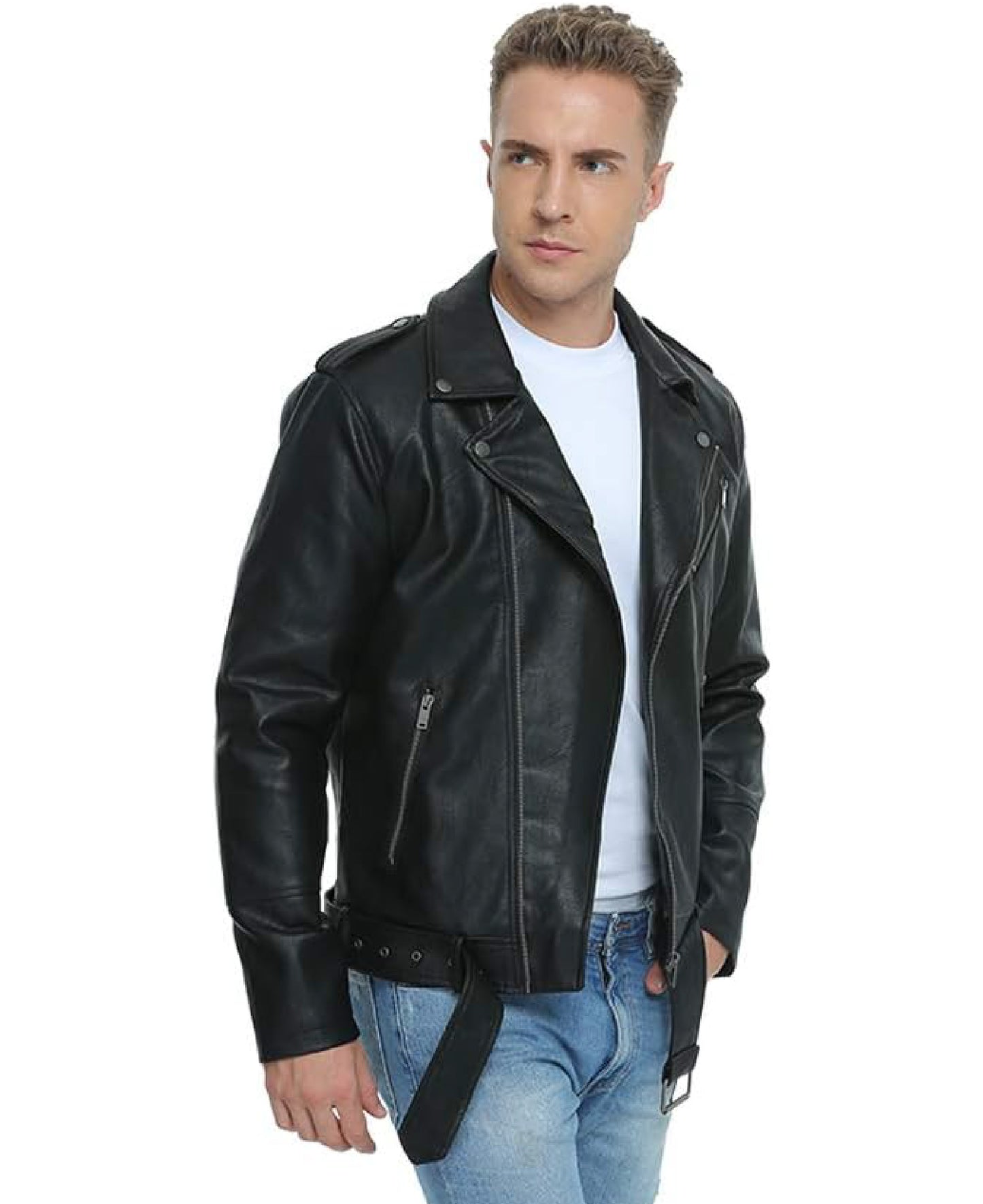 Men’s Asymmetric Zip Front Biker Jacket with Belt | Rugged Style
