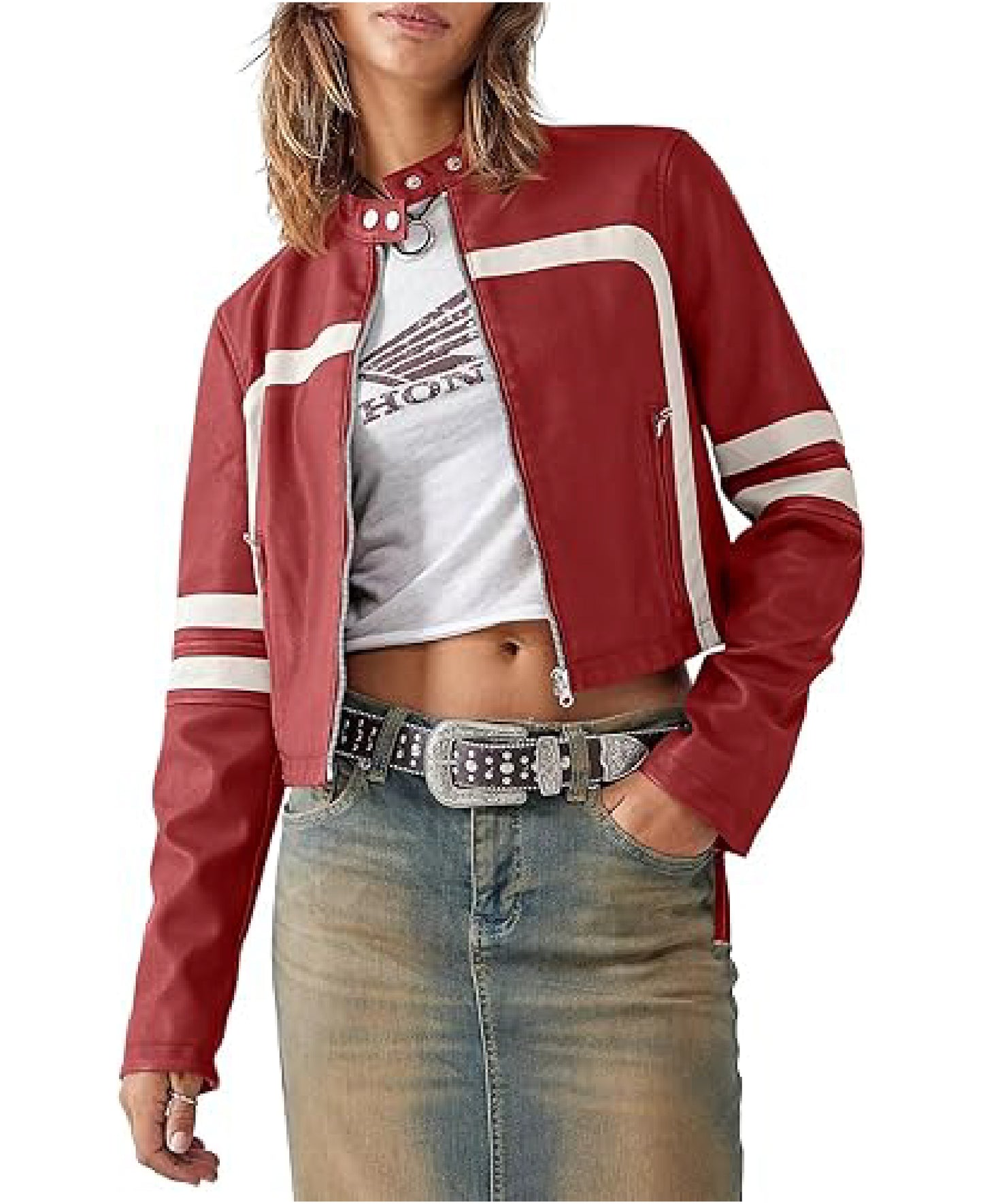 Women’s Faux Leather Cropped Motocross Jacket with Stand Collar | Zip Up Style