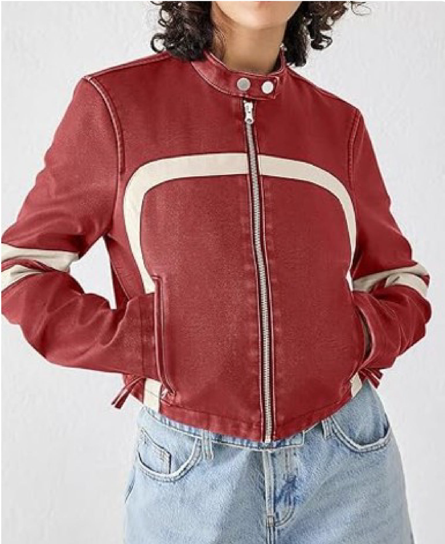 Women’s Faux Leather Cropped Motocross Jacket with Stand Collar | Zip Up Style